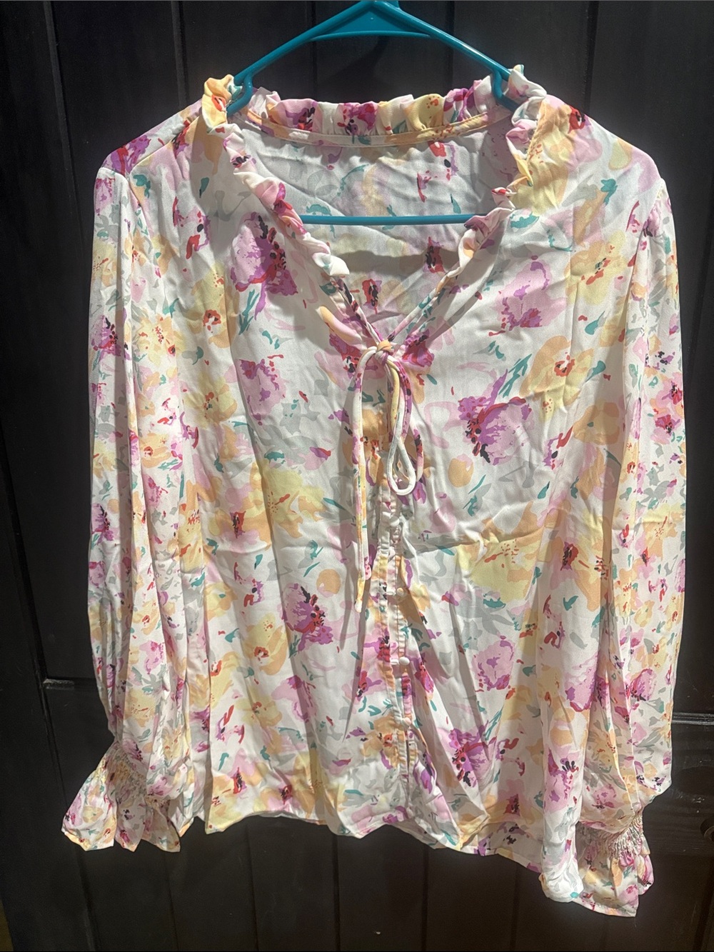 Ruffled Tie-Front Floral Blouse in White with Pink & Yellow